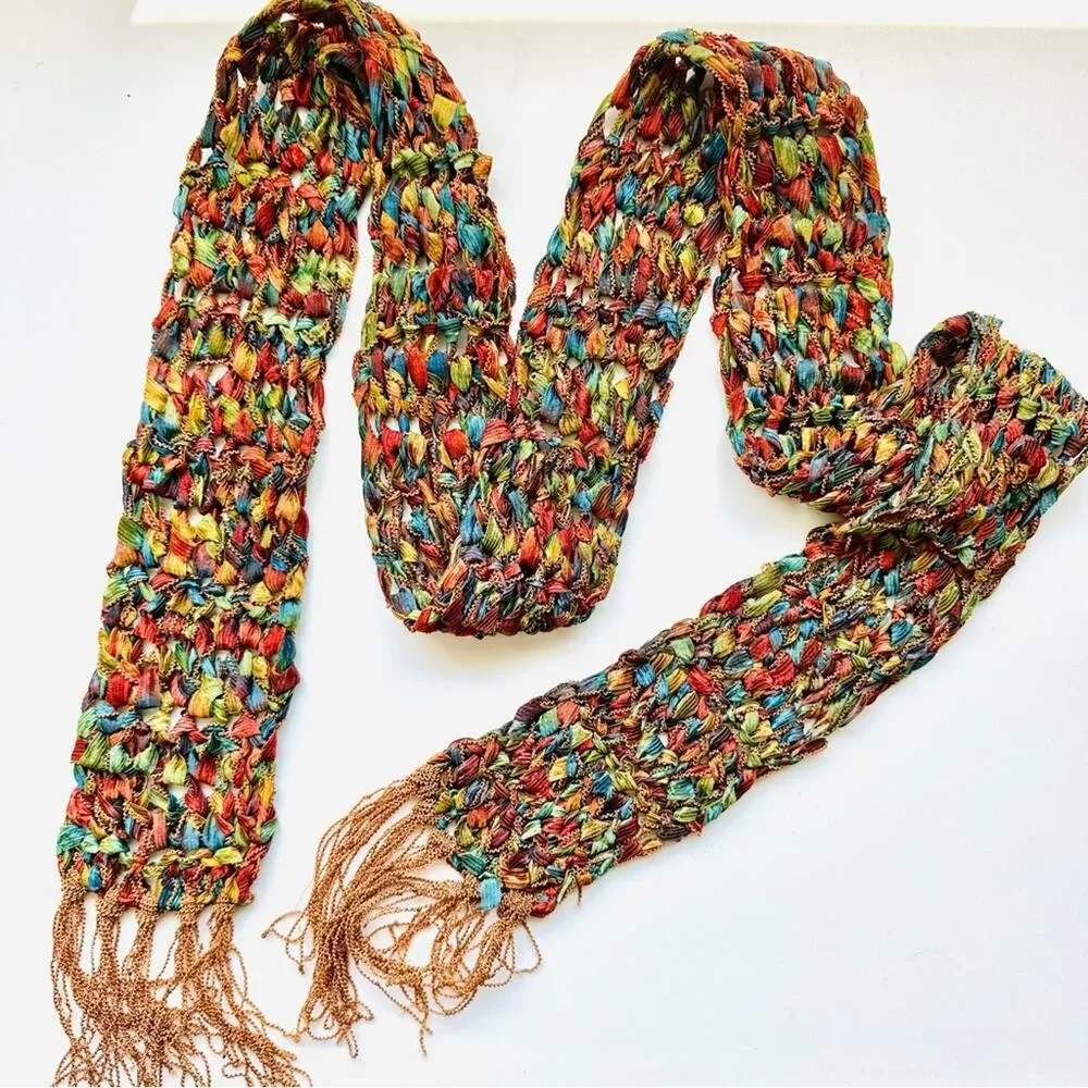 VINTAGE Gold Blue Tassel Texture Knit Yarn Multi Red Strand Scarf Cloth Bib Wrap